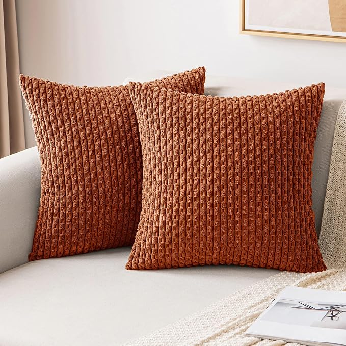 MIULEE Rust Throw Pillow Covers Soft Corduroy Decorative Set of 2 Boho Striped by MIULEE