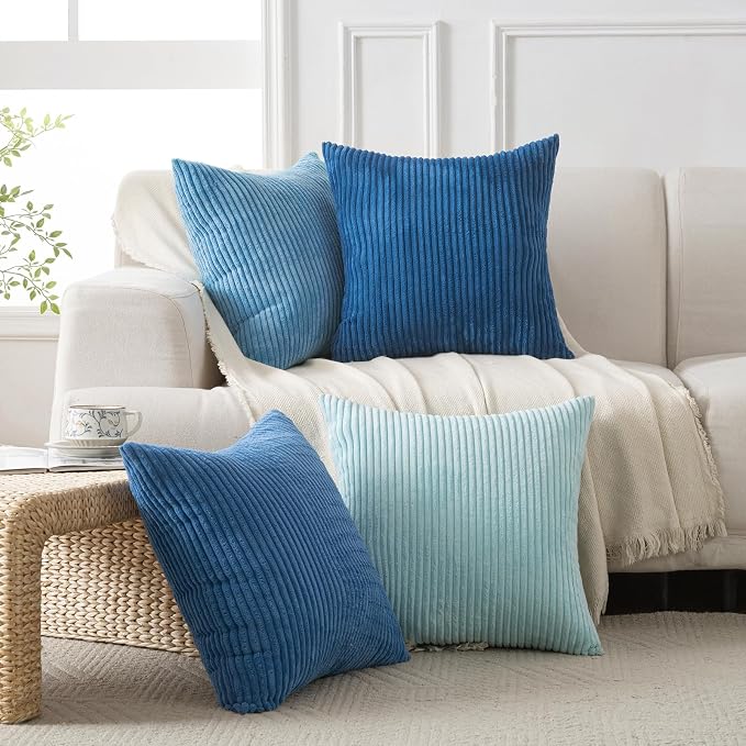 Volcanics Set of 4 Light Blue Corduroy Decorative Couch Throw Pillow Covers - Image 5