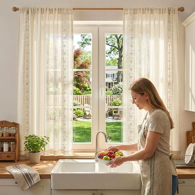 jinchan Weslie Beige Floral Sheer Curtains - Image 4