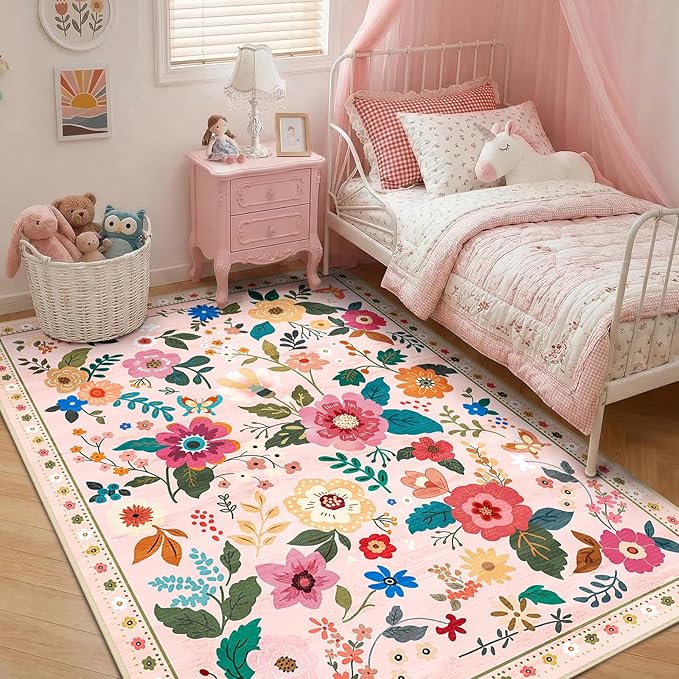 RELEANY Floral Nursery 4x6 Area Rugs Washable Print Boho Cute Carpet Non Slip by RELEANY