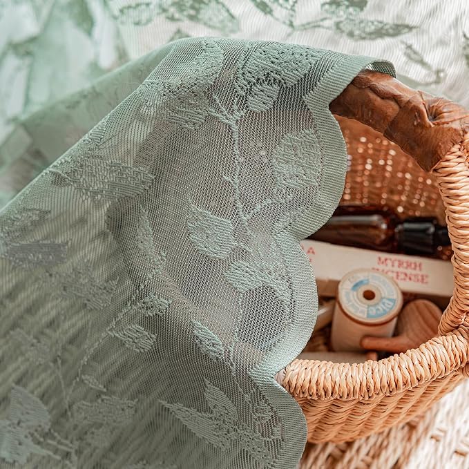 Rinwoc Sage Green Lace Semi-Sheer Valance Curtains 2 Panels – Vintage Leaf Lace - Image 6