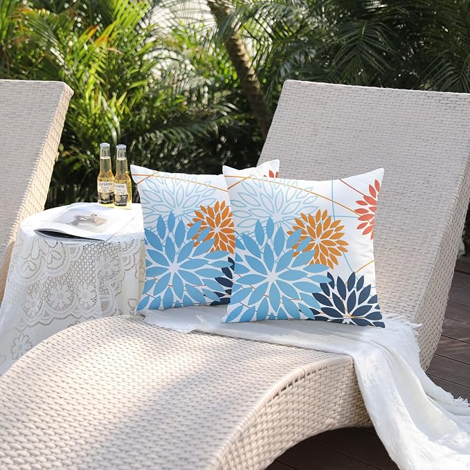 Light blue and Orange Floral Pillow Covers 18x18 Set of 2 Outdoor Waterproof - Image 5