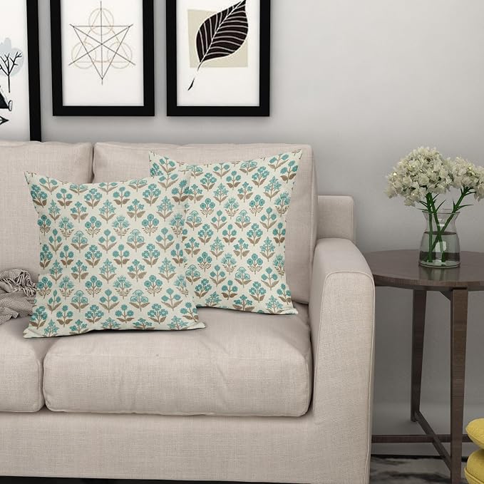 Brown Cyan Floral Pillow Covers 22x22 Inch Set of 2, Vintage Flower Block Print - Image 7
