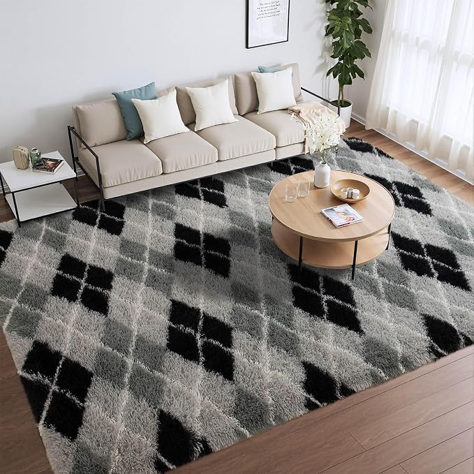 Meralax Black and Grey Checkered Area Rug, Geometric 4x6 Soft Fluffy Rugs - Image 7
