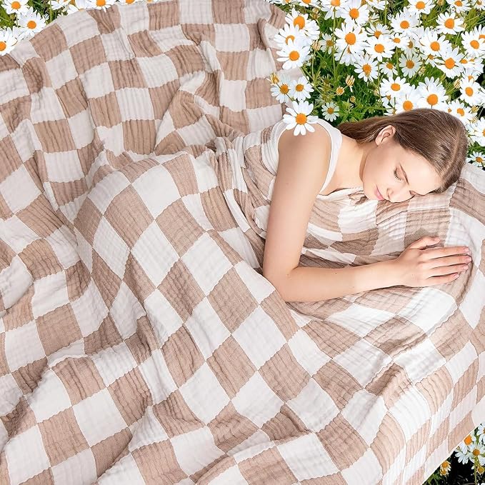 EMME Checkered Cotton Blanket Twin Large 60"x80" 100% Muslin - Image 3