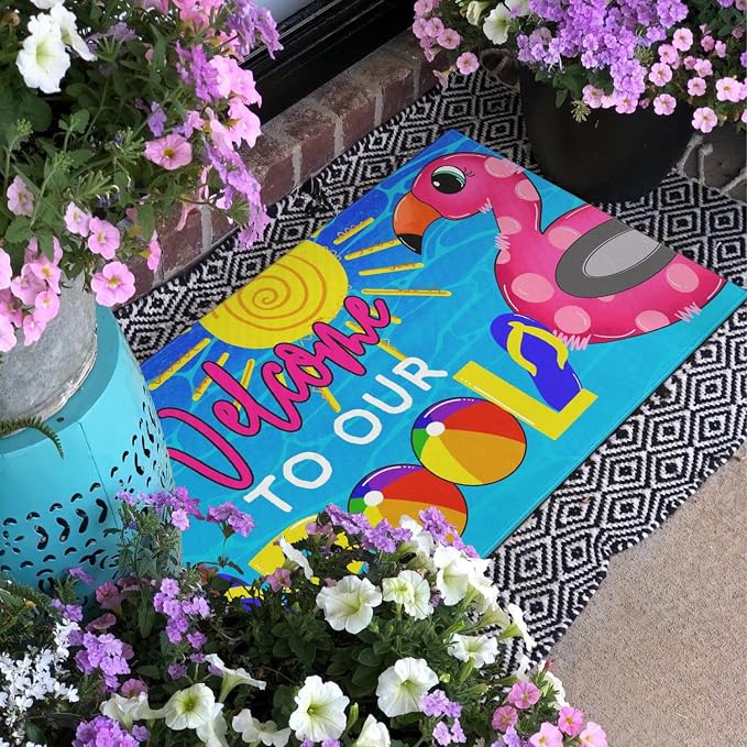 Summer Door Mat, Welcome to Our Pool Flamingo Indoor Outdoor Non-Slip Mat - Image 5