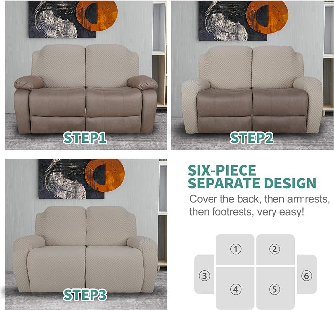 YEMYHOM 6 Pieces Stretch Loveseat Recliner Slipcover Jacquard Recliner Sofa - Image 7