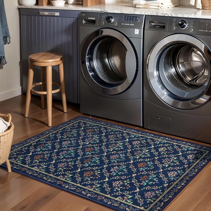 Tangsoo 2x3 Small Washable Entry Rug, Non Slip Blue Floral Throw Area Rugs - Image 9