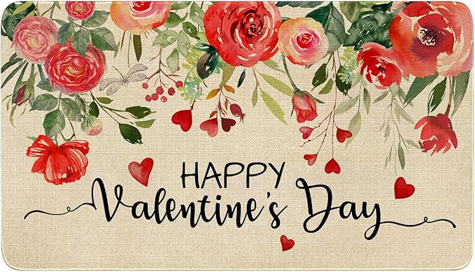 Valentines Day Door Mat, Floral Love Hearts Red Rose Flowers Indoor Outdoor by Xsinufn