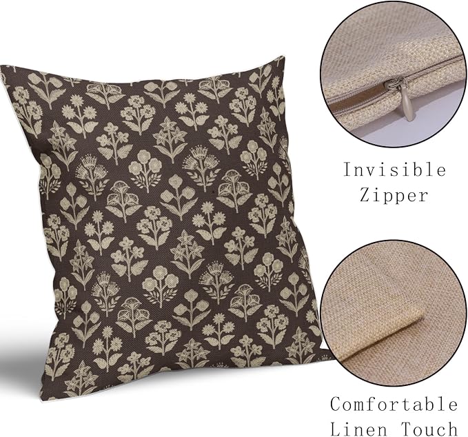 Dark Brown Floral Pillow Covers 24x24 Inch Set of 2, Vintage Flower Block Print - Image 4