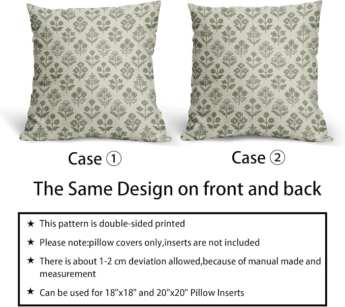 Sage Green Floral Pillow Covers 20x20 Inch Set of 2, Vintage Flower Block Print - Image 5