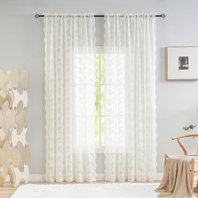 YJ YANJUN Vintage Lace Curtains 84 Inches Long-Victorian Floral Pattern Ivory - Image 2