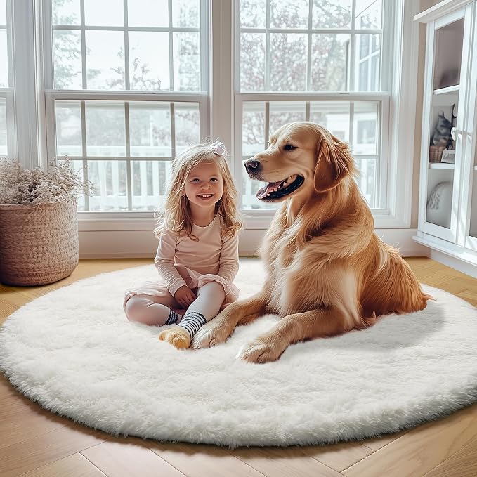 ONASAR Cream White Round Area Rugs 6ft, Fluffy Soft Bedroom Circle Rug Floor Mat - Image 9