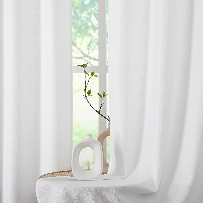 Chyhomenyc White Curtains 63 Inch Length 2 Panels, Faux Linen Textured Semi - Image 8