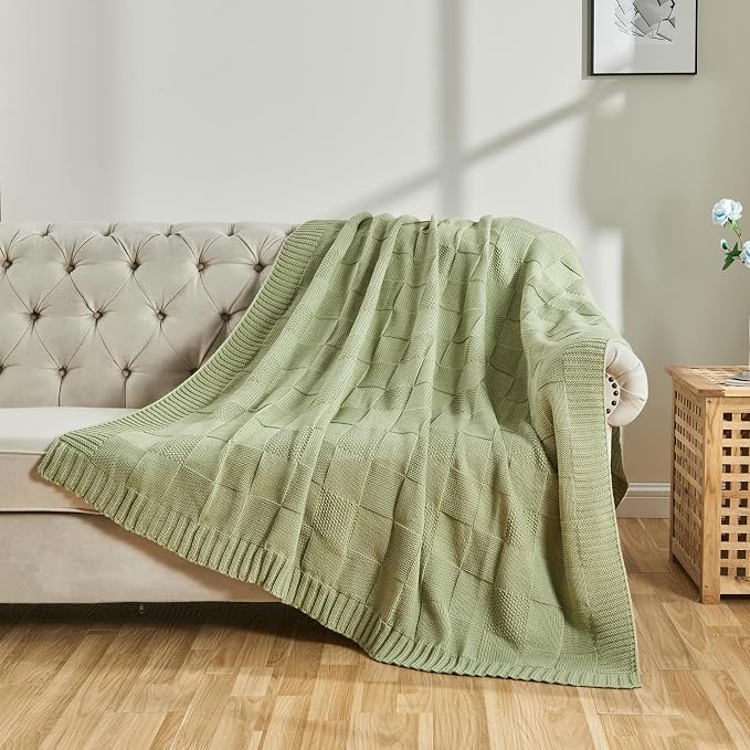 CozeCube Check Knit Throw Blanket, Sage Green Checkered Throw - Image 5