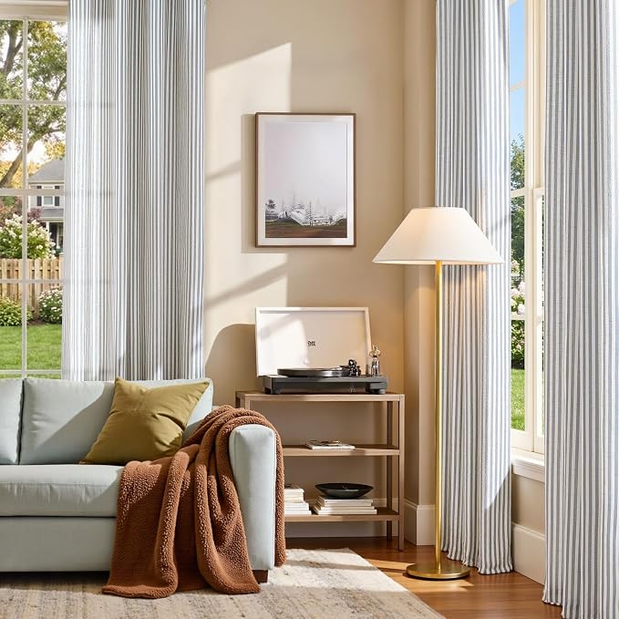 jinchan Linen Curtains for Living Room Blue on Beige Striped Curtains for - Image 3