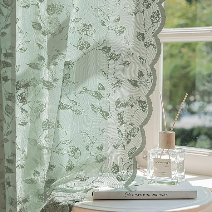 Rinwoc Sage Green Lace Semi-Sheer Valance Curtains – Vintage Leaf Lace Tier - Image 5