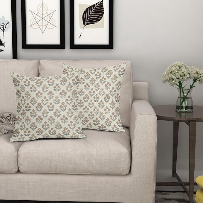 Brown Grey Gray Floral Block Print Pillow Covers 16x16 Inch Set of 2, Vintage - Image 7