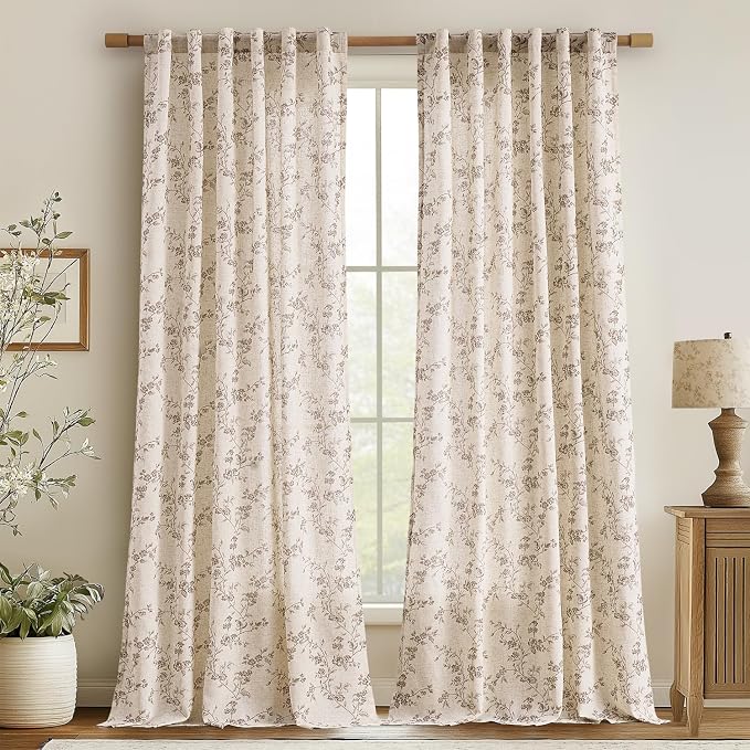jinchan Linen Floral Curtains for Living Room 96 Inch Length Taupe Printed by JINCHAN