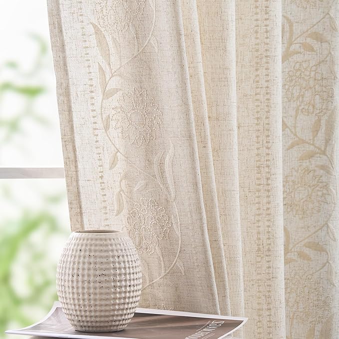 jinchan Winslow Linen Curtains for Bedroom 90 Inches Length Embroidered by JINCHAN