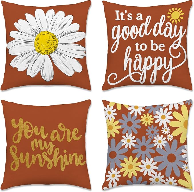 Hexagram Spring Summer Pillow Covers 18x18 Set of 4, Outdoor Floral Daisy by Hexagram