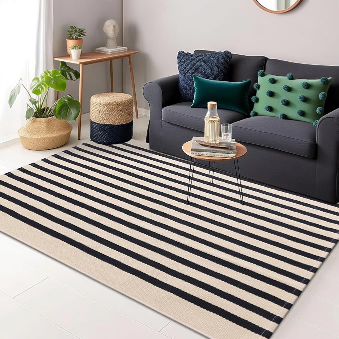 OLANLY Beige and Black Striped Rug 4' x 6' – Washable Cotton Doormat - Image 3