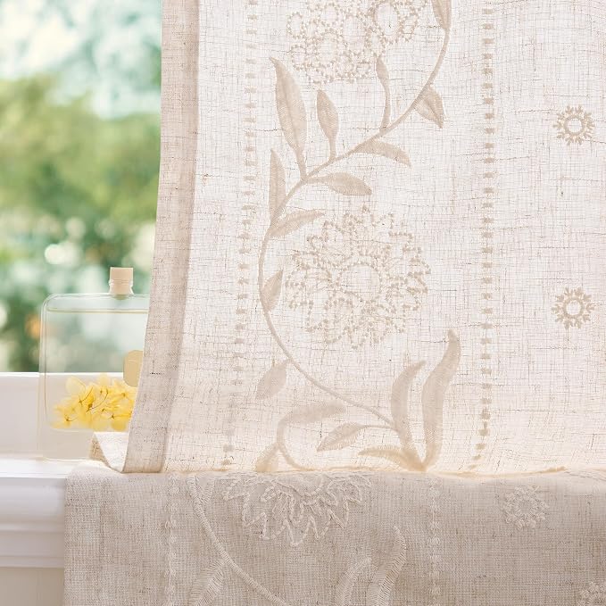 jinchan Winslow Linen Curtains 54 Inch Length Small Window Curtains Embroidered - Image 6