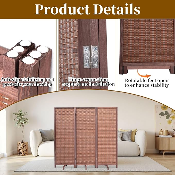 Bamboo Room Divider Panel with 360°Rotating Feet, 3 Panel 47" H Short Folding - Image 6