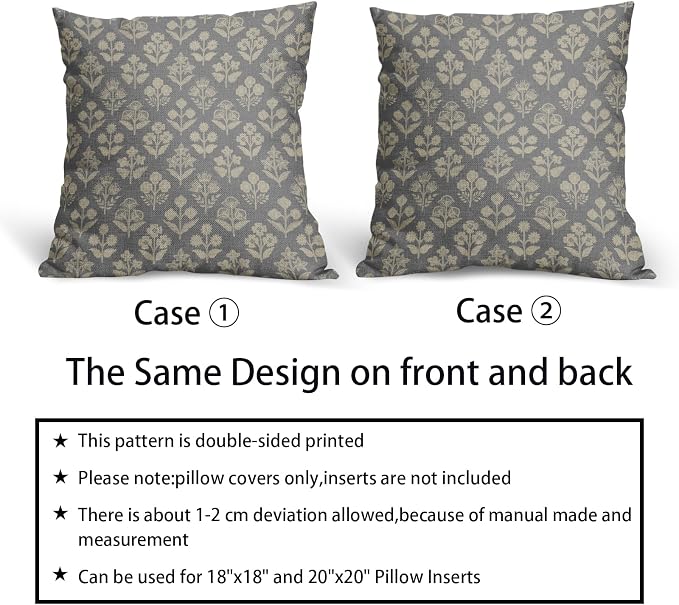 Grey Gray Floral Block Print Pillow Covers 20x20 Inch Set of 2, Vintage Flower - Image 6