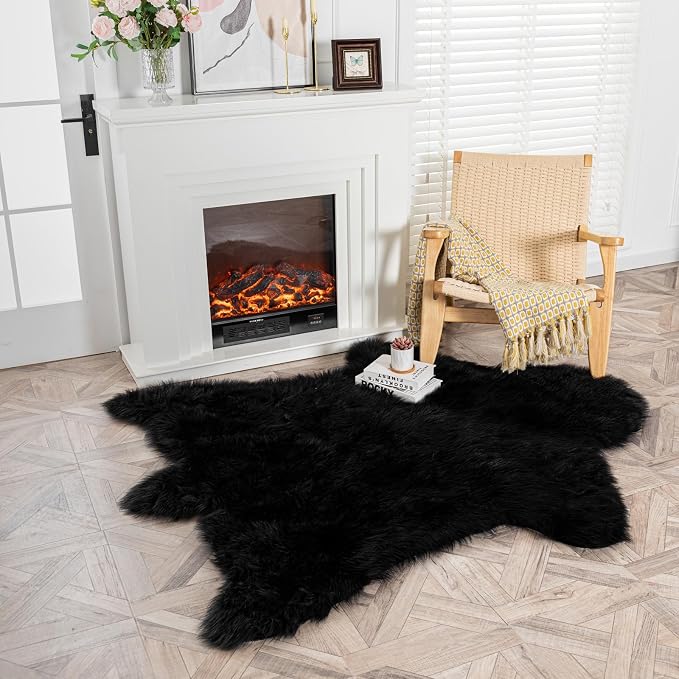 Black Bear Rug Faux Cowhide Rug Animal Print Area Rug Faux Sheepskin Fur Carpet by AbunHeri