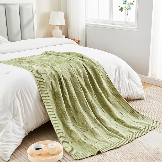 CozeCube Check Knit Throw Blanket, Sage Green Checkered Throw - Image 3