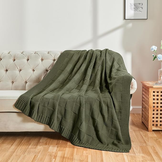 CozeCube Check Knit Throw Blanket, Olive Green Checkered Throw - Image 4