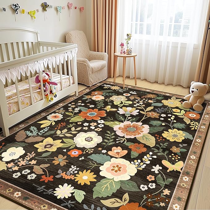 RELEANY Floral Nursery 5x7 Area Rugs Washable Print Boho Cute Carpet Non Slip - Image 2