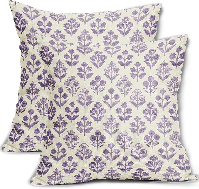 Purple Floral Pillow Covers 22x22 Inch Set of 2, Vintage Flower Block by Sivirary