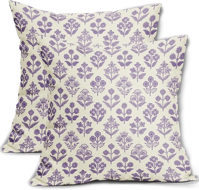 Purple Floral Block Print Pillow Covers 16x16 Inch Set of 2, Vintage Flower by Sivirary