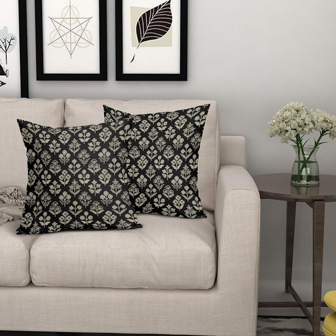 Black Floral Block Print Pillow Covers 16x16 Inch Set of 2, Vintage Flower - Image 7