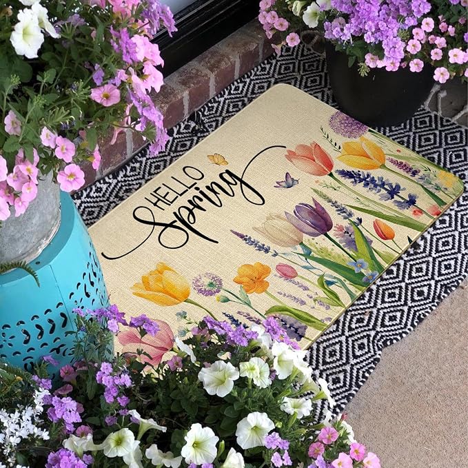 Spring Summer Door Mat, Hello Spring Tulip Lavender Flower Floral Indoor - Image 6