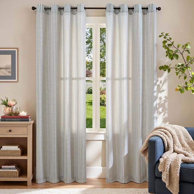 jinchan Linen Curtains for Living Room Blue on Beige Striped Curtains for - Image 2