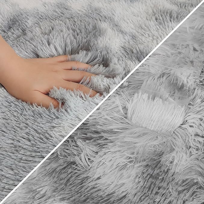 Super Soft Fluffy Living Room Area Rug 3x10 ft Tie-Dyed Light Grey Shaggy Furry - Image 6