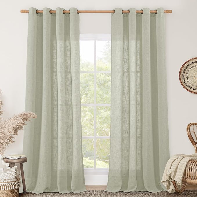 LAMIT Linen Curtains for Living Room, Sage Grey 90 Inch Length Bronze Grommet by LAMIT