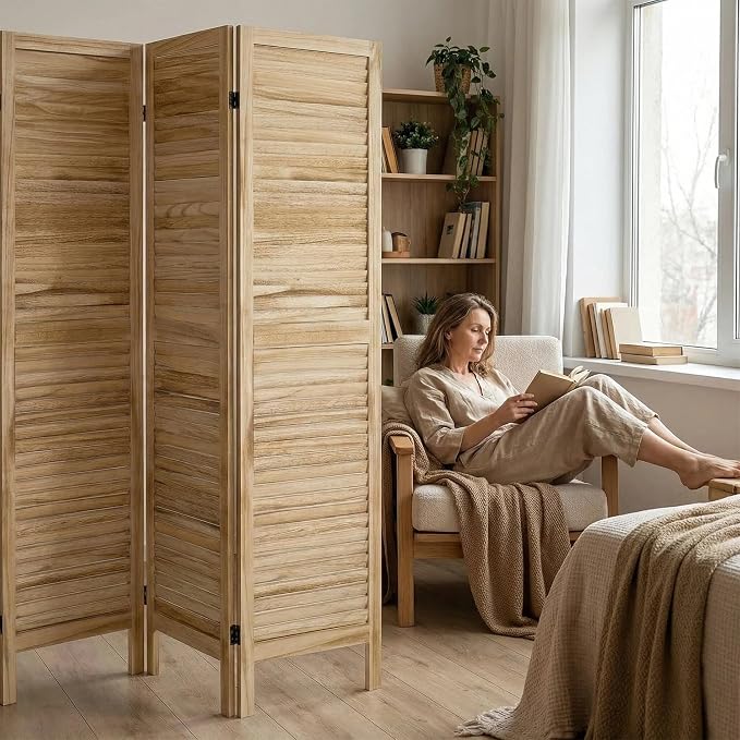 Bluecat 4 Panel Room Divider, Freestanding Solid Wood Partition Wall - Image 7