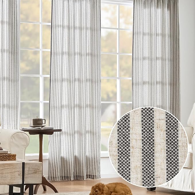 jinchan Linen Curtains Black on Beige Striped Curtains - Image 7