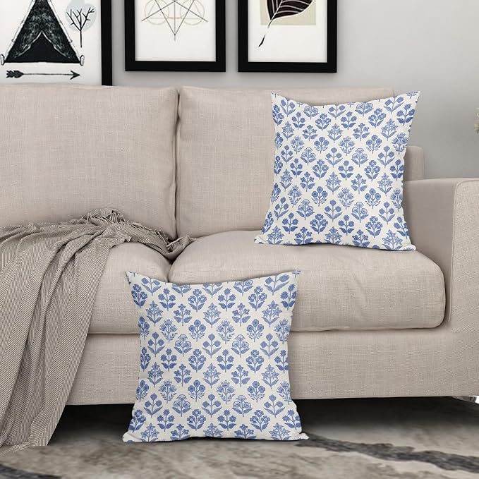 Blue Floral Block Print Pillow Covers 16x16 Inch Set of 2, Vintage Flower - Image 3