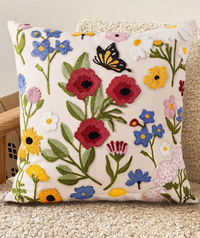 Embroidered Throw Pillow Cover 18x18 Inch by Kokaaee