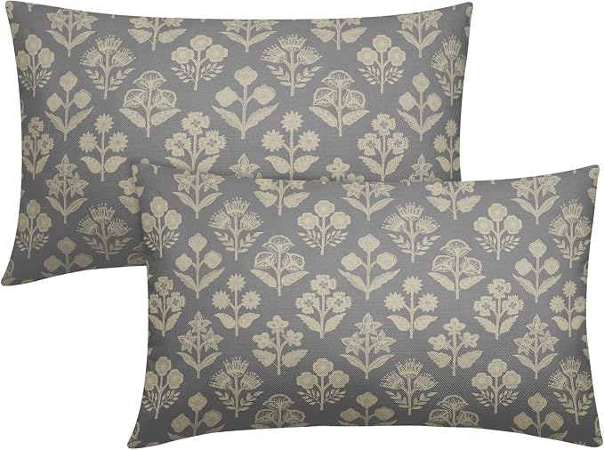 Grey Gray Pillow Covers 12x20 Inch Set of 2, Cream Floral Block Print Pattern by Sivirary