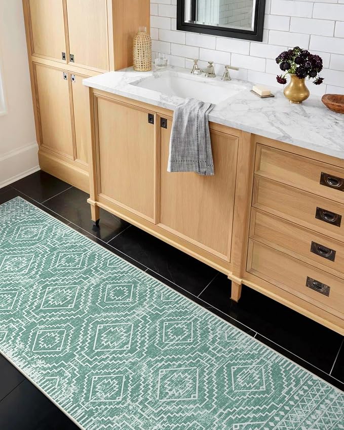 Wonnitar Moroccan 2'6"x8' Washable Kitchen and Bathroom Rug, Sage Green Boho - Image 5