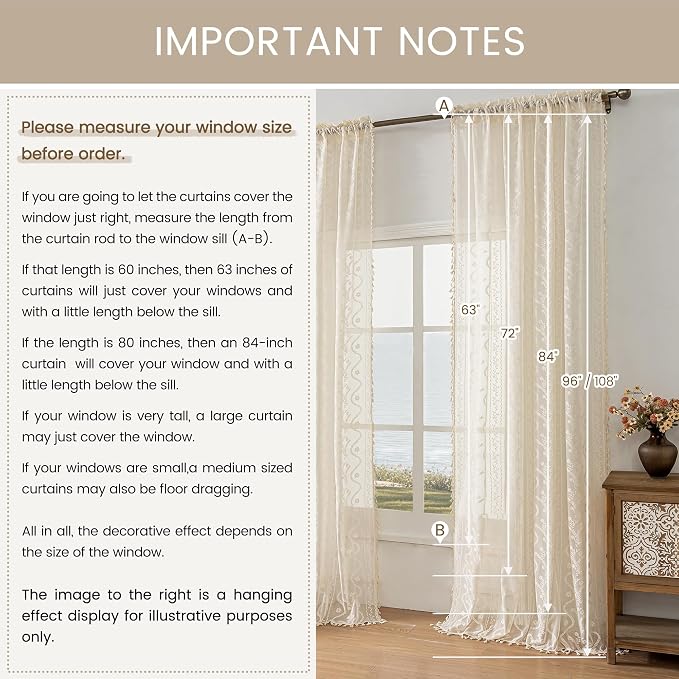 WAZZIO Boho Lace Curtains 2 Panels 45 Inches -Cute Vintage Victorian Sheer - Image 6