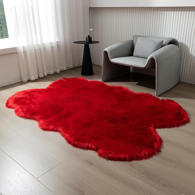 Fluffy Faux Fur Rug Red Sheepskin Area Rug, 4x6 Ft Ultra Soft Shaggy Plush Rug - Image 6