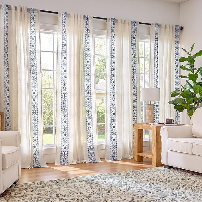 jinchan Weslie Boho Curtains for Bedroom Blue Vintage Floral Farmhouse Curtains - Image 2