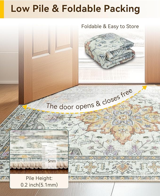 Area Rugs Square 6ft Washable Non-Slip, Floral Vintage Distress Print Pattern - Image 4